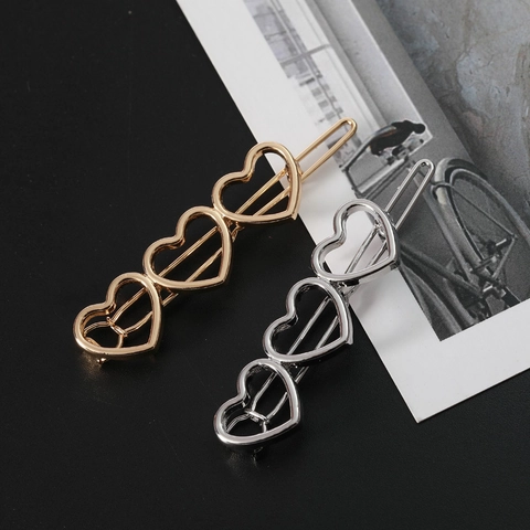 Elegante Fermaglio per Capelli da Donna in Lega a Forma di Cuore Traforato Tre Cuori Paralleli Oro Argento Dolce Accessorio