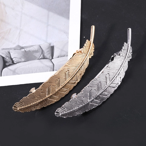 Vintage Alloy Feather Hair Clip Elegant Metallic Gold Silver Bobby Pin Hair Accessories For Women Wedding Party Decor