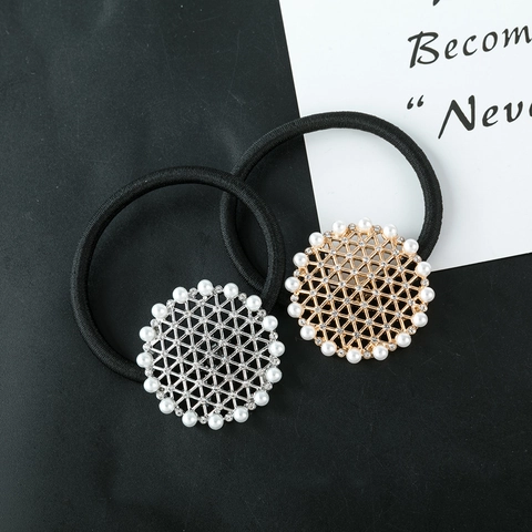 Elastico per Capelli in Lega Vintage a Maglia Cava con Künstliche Perle Sintetiche e Strass Oro Argento Scrunchies Eleganti Gioielli da Donna