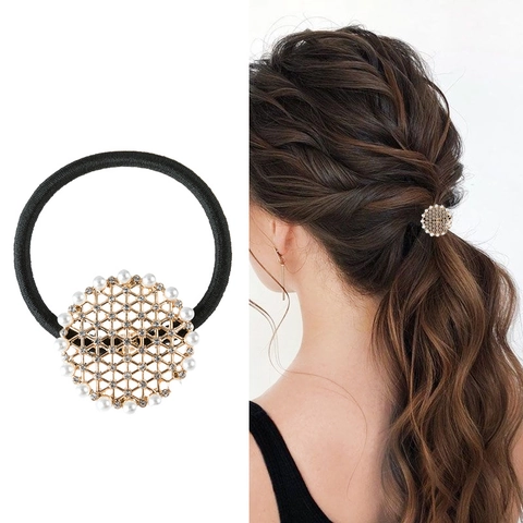 Elastico per Capelli in Lega Vintage a Maglia Cava con Künstliche Perle Sintetiche e Strass Oro Argento Scrunchies Eleganti Gioielli da Donna