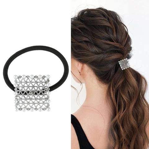 Creative Artificial Pearl Rhinestone Square Hair Tie Alloy Geometric Hollow Hair Rope French Luxury Elastic Scrunchies For Women Fashion