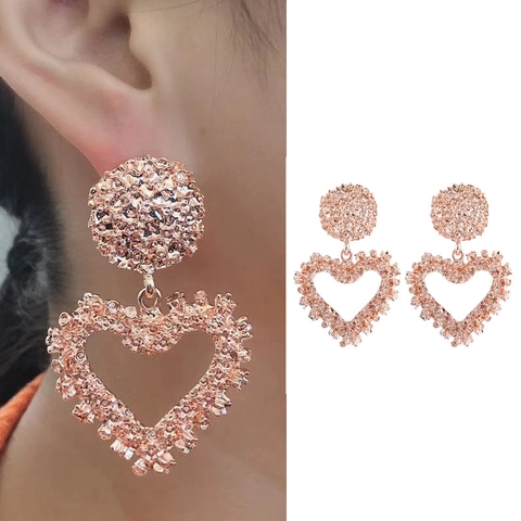 Alloy Hammered Heart Dangle Earrings Hollow Out Statement Vintage Jewelry For Women Party Wedding Gold Silver Rose Gold Style