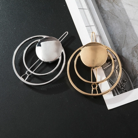 Fermaglio per Capelli Minimalista in Lega Circolare Geometrica da Donna Doppia Clip Laterale Metallica Rotonda Oro Argento
