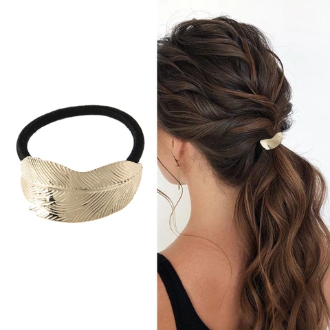 Elastico per Capelli Minimalista in Lega con Foglia Piuma Curva per Donna Oro Argento Supporto Coda di Cavallo Metallo Texture
