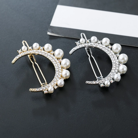 Fermaglio per Capelli in Lega a Forma di Luna Con Decorazione in Künstliche Perle e Strass Elegante Vintage Oro Argento Donna