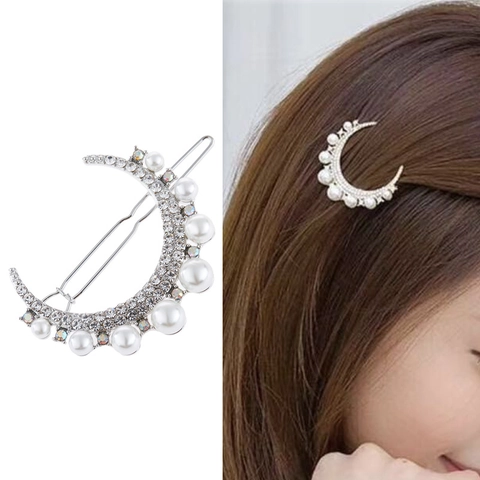 Fermaglio per Capelli in Lega a Forma di Luna Con Decorazione in Künstliche Perle e Strass Elegante Vintage Oro Argento Donna