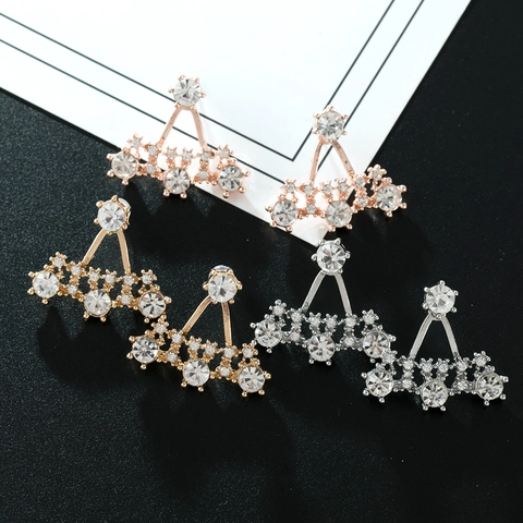 Women Alloy Rhinestone Fan Shaped Cluster Ear Jacket Earrings Sparkling Zirconia Drop Stud Earrings Wedding Banquet Jewelry