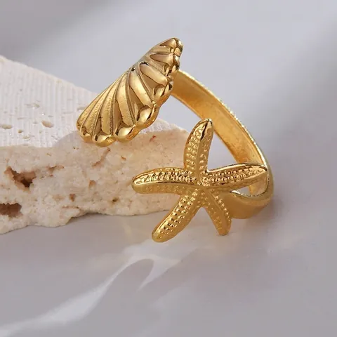 Fashion Stainless Steel Shell Starfish Open Ring For Women Adjustable Gold Light Luxury Personality Finger Ring Jewelry