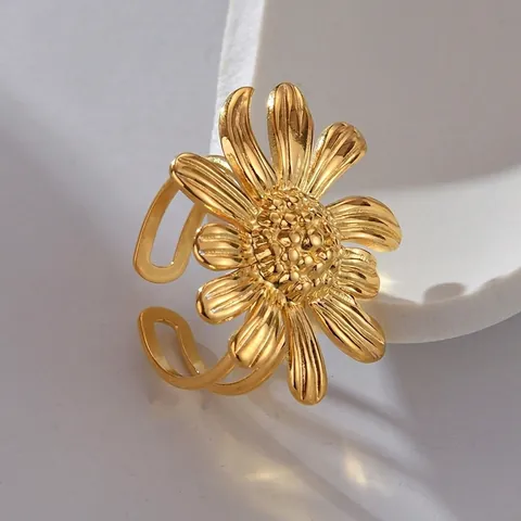 Overdreven Grote Bloem Roestvrij Stalen Open Ring Voor Vrouwen Goud Zonnebloem Verstelbare Ring Lichte Luxe Mode Sieraden