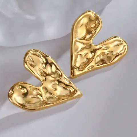 Vintage Stainless Steel Hammered Heart Stud Earrings For Women Gold Plated Irregular Lava Texture Minimalist Jewelry Gift