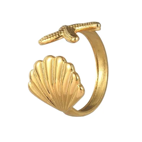 Fashion Stainless Steel Shell Starfish Open Ring For Women Adjustable Gold Light Luxury Personality Finger Ring Jewelry