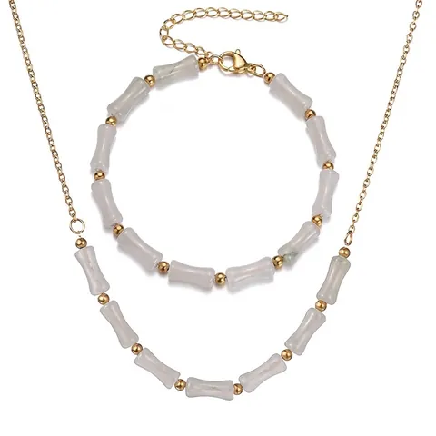 Elegante Collana E Bracciale Con Perline a Nodo di Bambù Per Donna Acciaio Inossidabile Placcato Oro Pietra Artificiale Gioielli