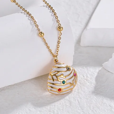 French Style Stainless Steel Shell Pendant Necklace For Women Zirconia Enamel Colorful Stone Gold Beaded Clavicle Chain Jewelry