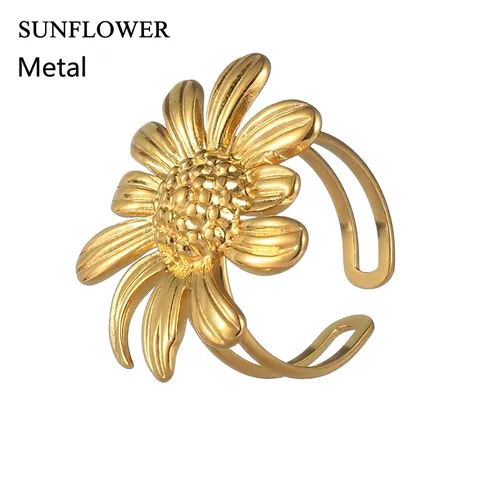 Overdreven Grote Bloem Roestvrij Stalen Open Ring Voor Vrouwen Goud Zonnebloem Verstelbare Ring Lichte Luxe Mode Sieraden