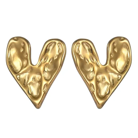 Vintage Stainless Steel Hammered Heart Stud Earrings For Women Gold Plated Irregular Lava Texture Minimalist Jewelry Gift