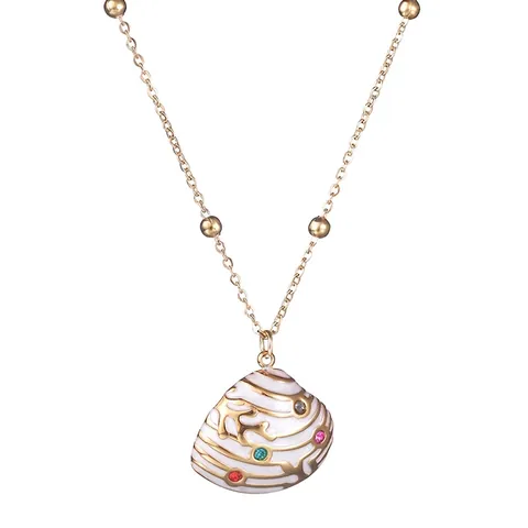 French Style Stainless Steel Shell Pendant Necklace For Women Zirconia Enamel Colorful Stone Gold Beaded Clavicle Chain Jewelry
