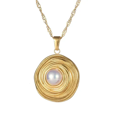 Collana in Acciaio Inossidabile con Ciondolo a Spirale Tonda Irregolare Perla Artificiale Oro Galvanizzato Gioielli Vintage da Donna