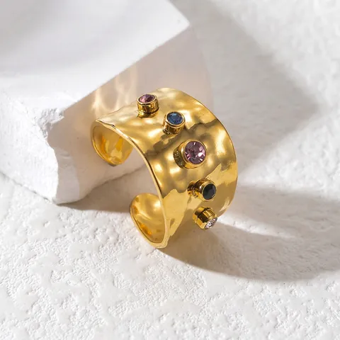 Luxus Edelstahl Gehämmerter Offener Ring Für Damen Gold Vergoldet Nische Bunter Zirkonia Breites Band Verstellbarer Schmuck