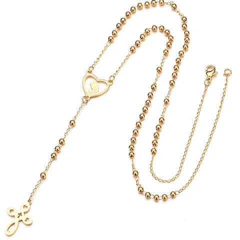 Collar con Colgante de Corazón y Cruz de Acero Inoxidable para Mujer Religiosa Virgen María Collar en Y Oro Joyería