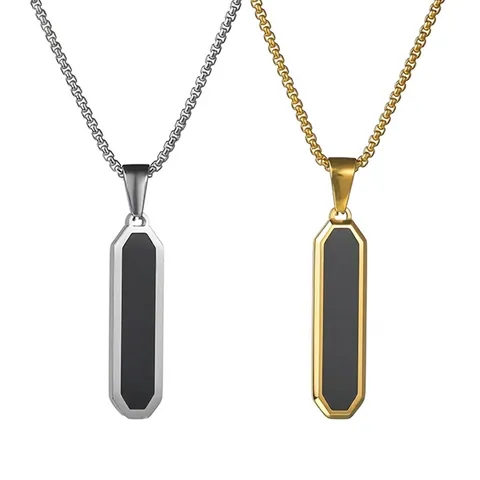 Minimalist Stainless Steel Geometric Rectangle Pendant Necklace Industrial Octagonal Black Inlay Clavicle Chain For Women Men