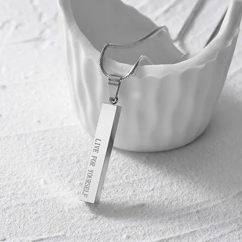 Minimalist Stainless Steel Pillar Pendant Necklace Engraved Live For Yourself Silver Long Sweater Chain Unisex Fashion Jewelry