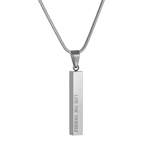 Minimalist Stainless Steel Pillar Pendant Necklace Engraved Live For Yourself Silver Long Sweater Chain Unisex Fashion Jewelry