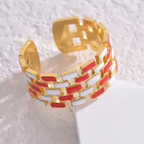 Edelstahl Vergoldeter Geometrischer Block Offener Ring Verstellbarer Rot Weißer Emaille Hohl Mode Schmuck Für Damen