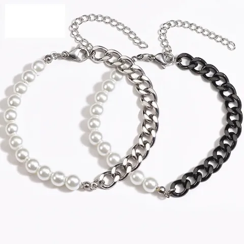 Mode Edelstahl Panzerkette Spleiß Imitation Künstliche Perle Armband Für Damen Herren Minimalistischer Schmuck Handaccessoires