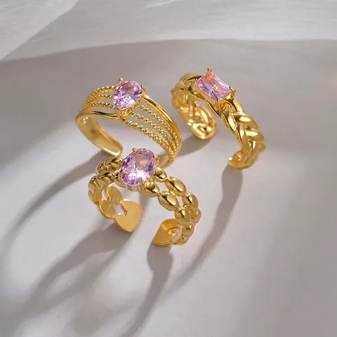 Vintage Edelstahl Offener Ring Für Damen Leichter Luxus Design Rosa Strass Einstellbarer Geometrischer Fingerring Schmuck
