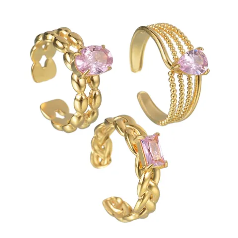 Vintage Edelstahl Offener Ring Für Damen Leichter Luxus Design Rosa Strass Einstellbarer Geometrischer Fingerring Schmuck