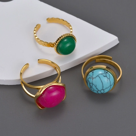 Anillo Ajustable Abierto de Acero Inoxidable Vintage para Mujer Chapado en Oro Redondo Strass Joyería de Moda Bohemia
