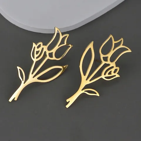 Pendientes de Botón de Tulipa de Acero Inoxidable Minimalistas Chapados en Oro Pendientes de Gota Florales para Mujer