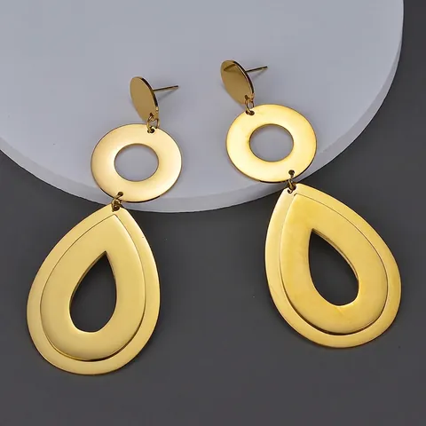 Orecchini Pendenti Geometrici in Acciaio Inossidabile per Donna Placcati in Oro Cavo a Goccia Cerchio Lungo Gioielli di Moda