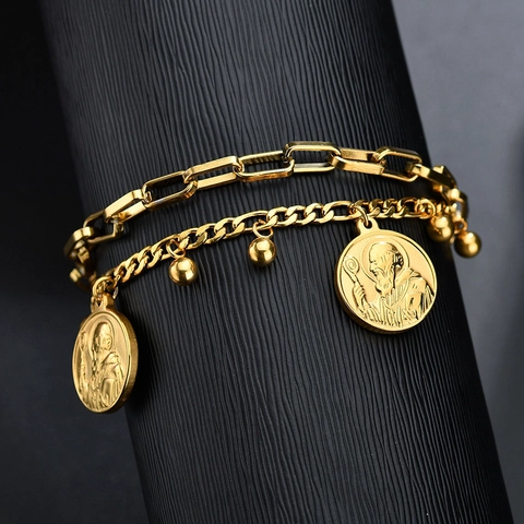 Doppellagiges Edelstahl Vergoldet Armband Heiligen Münzanhänger Metallperlen Vintage Verstellbarer Schmuck Für Damen Alltag