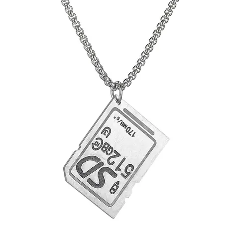 Creative SD Memory Card Pendant Necklace For Women Stainless Steel Brushed Industrial Geek Style Silver Sweater Chain Jewelry