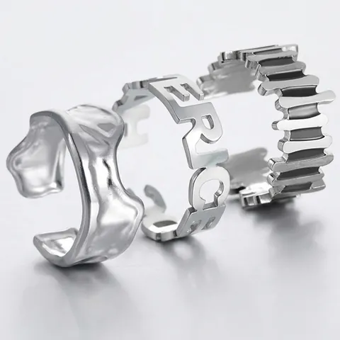 Men's Stainless Steel Open Ring Hip Hop Geometric Adjustable Lava Texture Cutout Letter Finger Ring Jewelry Gift