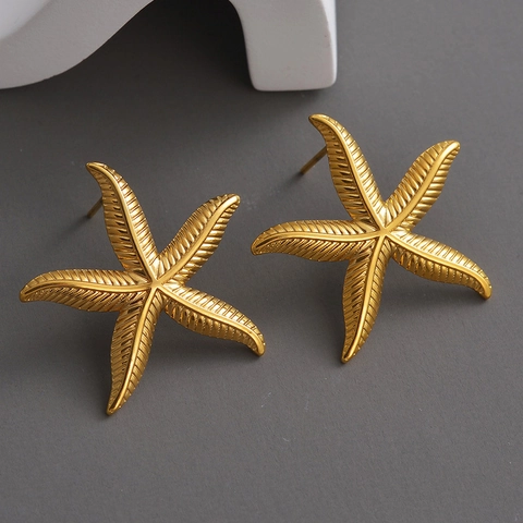Boucles d'Oreilles Clous Étoile de Mer Vintage Or Acier Inoxydable Texture Marine Bijoux de Plage Pour Femmes