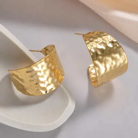 Ethnic Style Stainless Steel Gold Hoop Earrings Retro Hammered Sunburst Irregular Geometric C Shaped Drop Earrings For Women