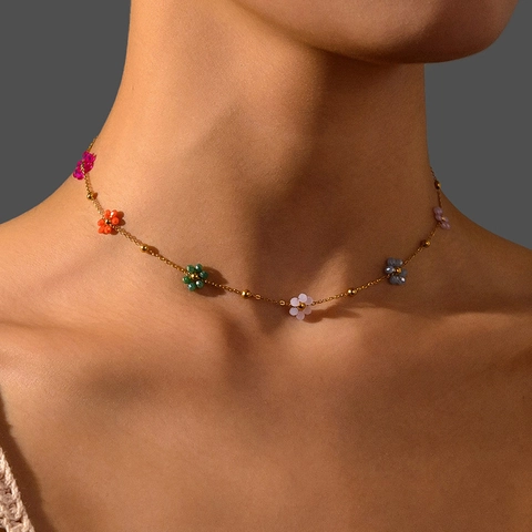 Set di Gioielli in Acciaio Inossidabile Con Fiori Colorati Perline di Cristallo Catena d'Oro Collana Bracciale per Donna Gioielli Floreali
