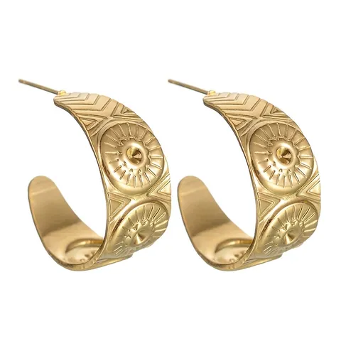 Ethnic Style Stainless Steel Gold Hoop Earrings Retro Hammered Sunburst Irregular Geometric C Shaped Drop Earrings For Women