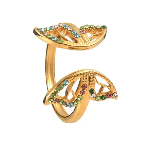 Anello Aperto a Farfalla Vintage in Acciaio Inossidabile Placcato Oro con Strass Multicolore Regolabile per Donna Gioielli da Festa
