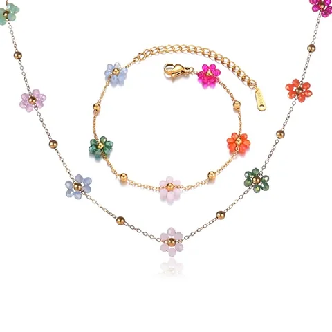 Set di Gioielli in Acciaio Inossidabile Con Fiori Colorati Perline di Cristallo Catena d'Oro Collana Bracciale per Donna Gioielli Floreali