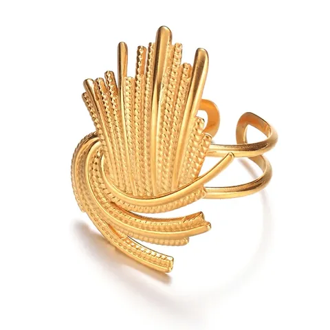 Anillo Abierto en Forma de Abanico de Capas Vintage Chapado en Oro de 18K Acero Inoxidable Ajustable Anillo para Mujeres