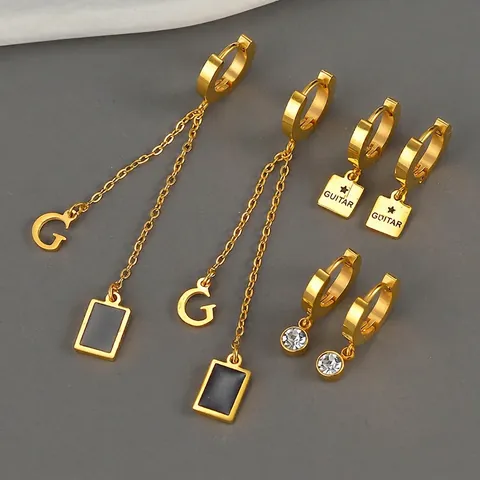 Set di Orecchini in Acciaio Inossidabile Dorato per Donna Vintage Geometrici Lettera G Chitarra Pendenti Strass Gioielli Regalo