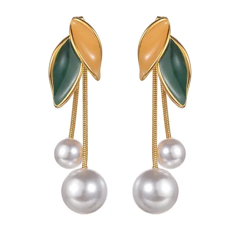 French Vintage Stainless Steel Long Dangle Earrings Elegant Enamel Leaf Tassel Artificial Pearl Drop Earrings For Women Jewelry