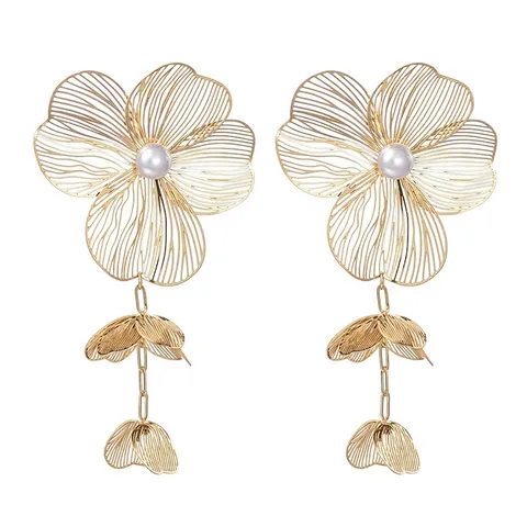 Boucles d'Oreilles Pendantes en Acier Inoxydable Fleur Perle Artificielle pour Femmes Bijou d'Oreille Personnalisé Fleurie à Gland
