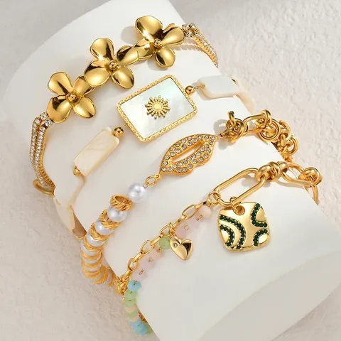 Bracciale in Acciaio Inossidabile Fiore Sole Conchiglia per Donna Elegante Regolabile Placcato Oro Multistrato