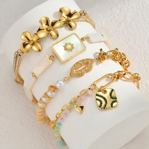Bracciale in Acciaio Inossidabile Fiore Sole Conchiglia per Donna Elegante Regolabile Placcato Oro Multistrato