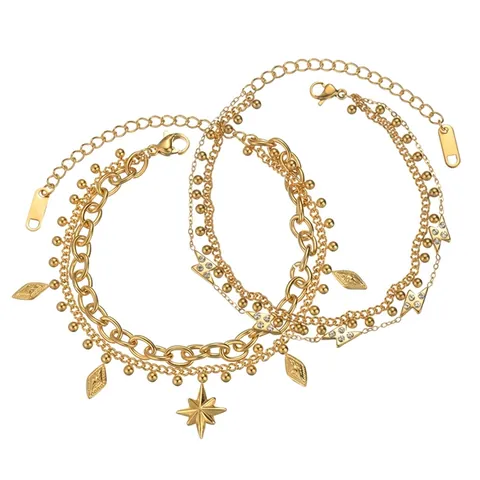 Mode Bracelet Double Couche en Acier Inoxydable Or Étoile Lune Pendentif Chaîne à Billes Bijoux Pour Femmes