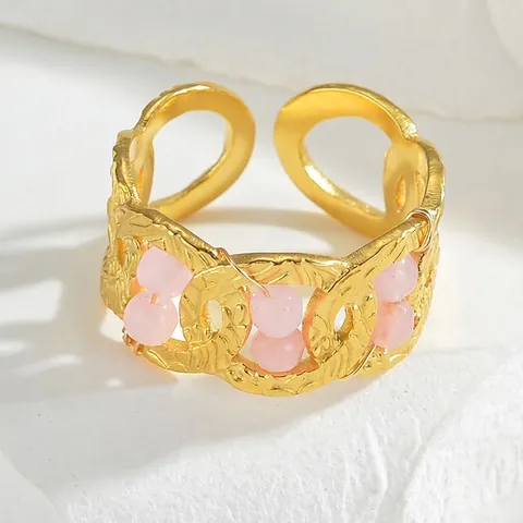 Vintage Vergulde Roestvrijstalen Open Ring Voor Dames Elegante Geometrische In elkaar Grijpende Ring Roze Kralen Sieraden